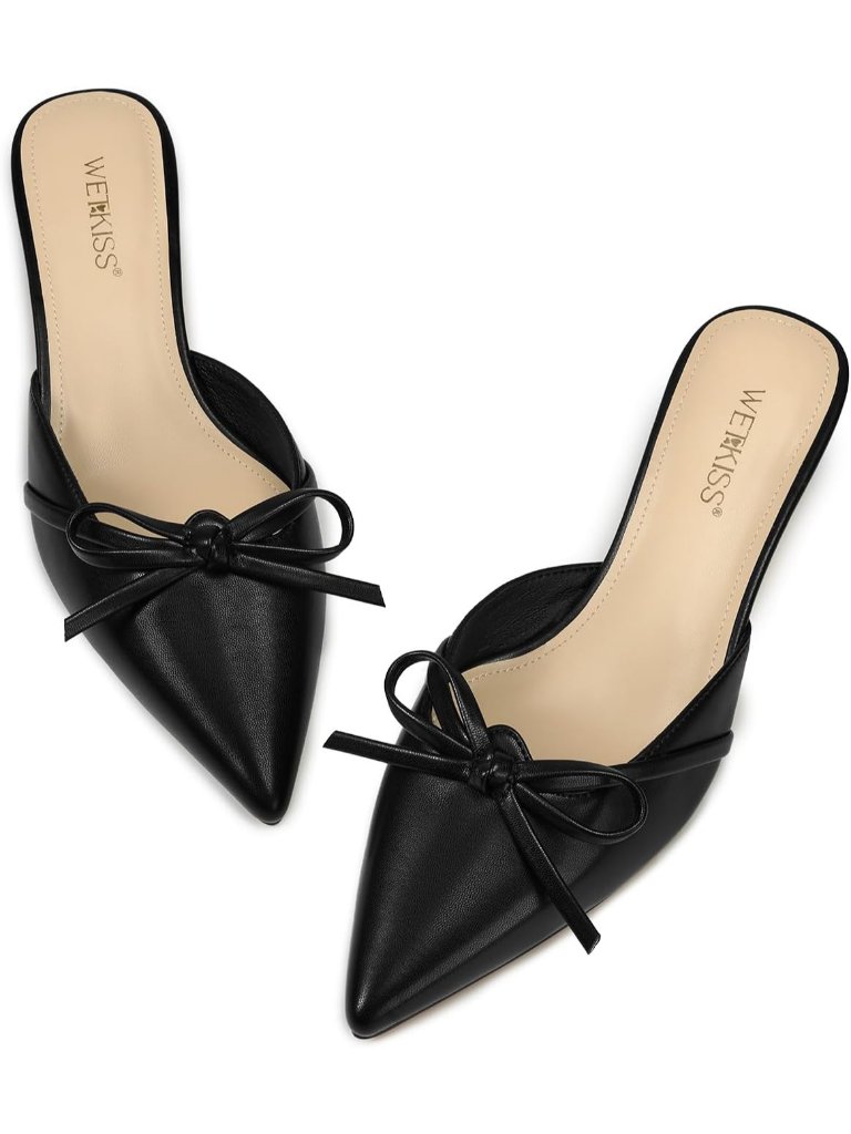 Women's Kitten Heel Mules Bow Slip On Vintage Pumps Black Pointed Closed Toe